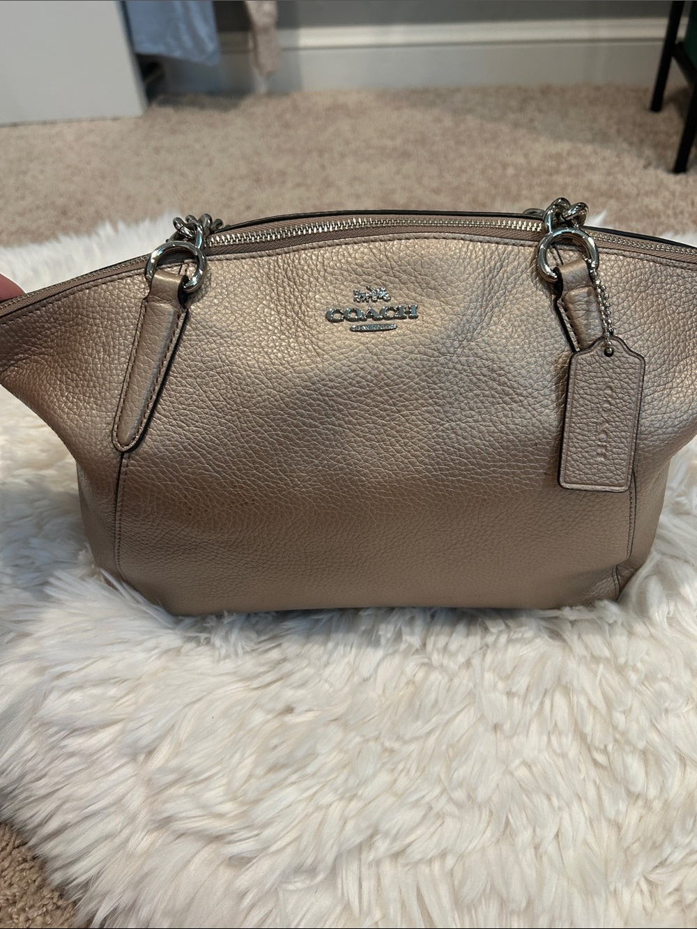 Coach Metallic Taupe Pebbled Leather Shoulder Bag